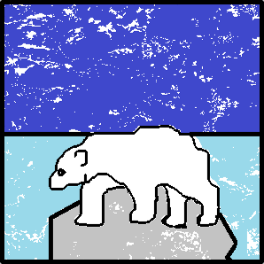 Drawing of a polar bear floating in the sea on a broken piece of ice.